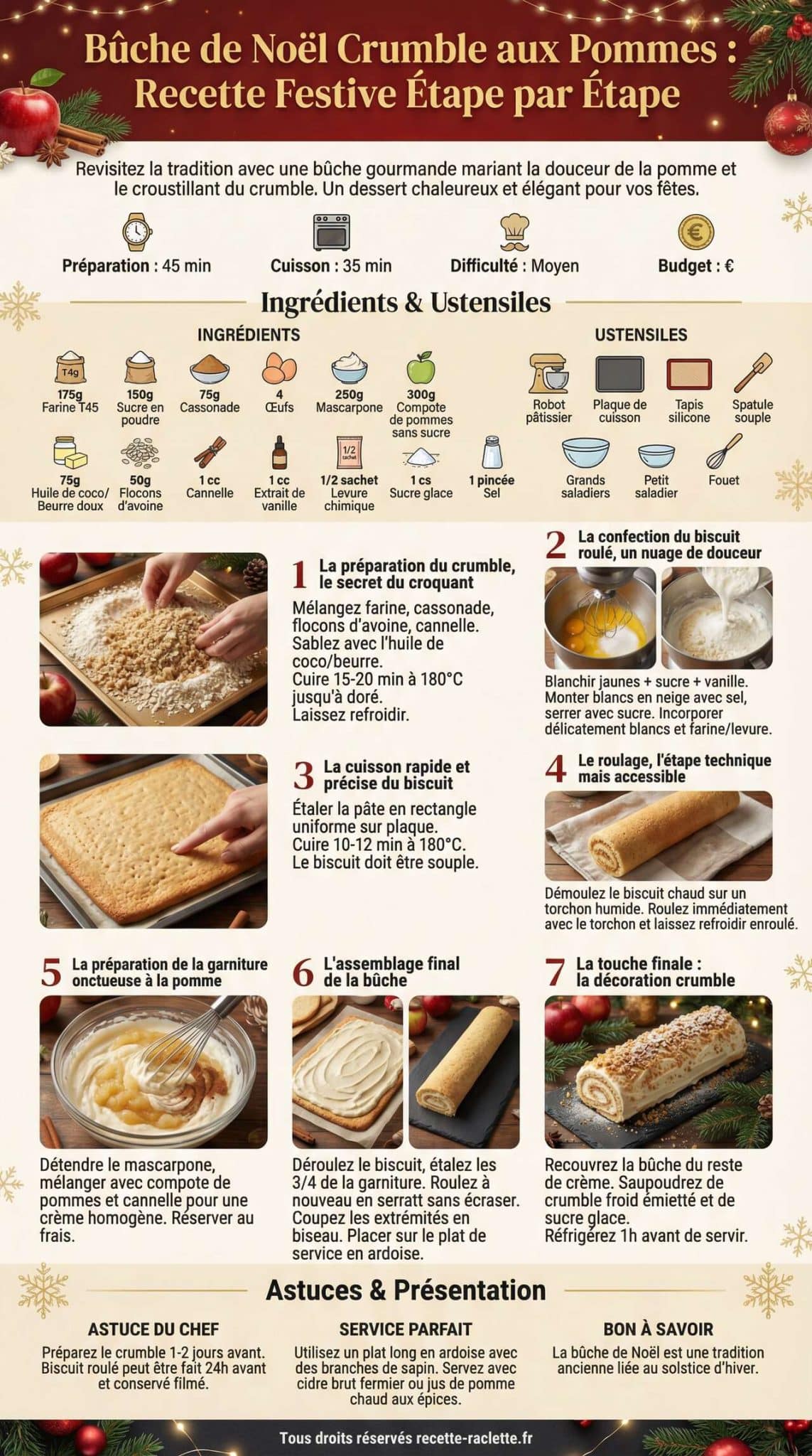 Fiche recette B&ucirc;che de No&euml;l crumble aux pommes : recette festive &eacute;tape par &eacute;tape