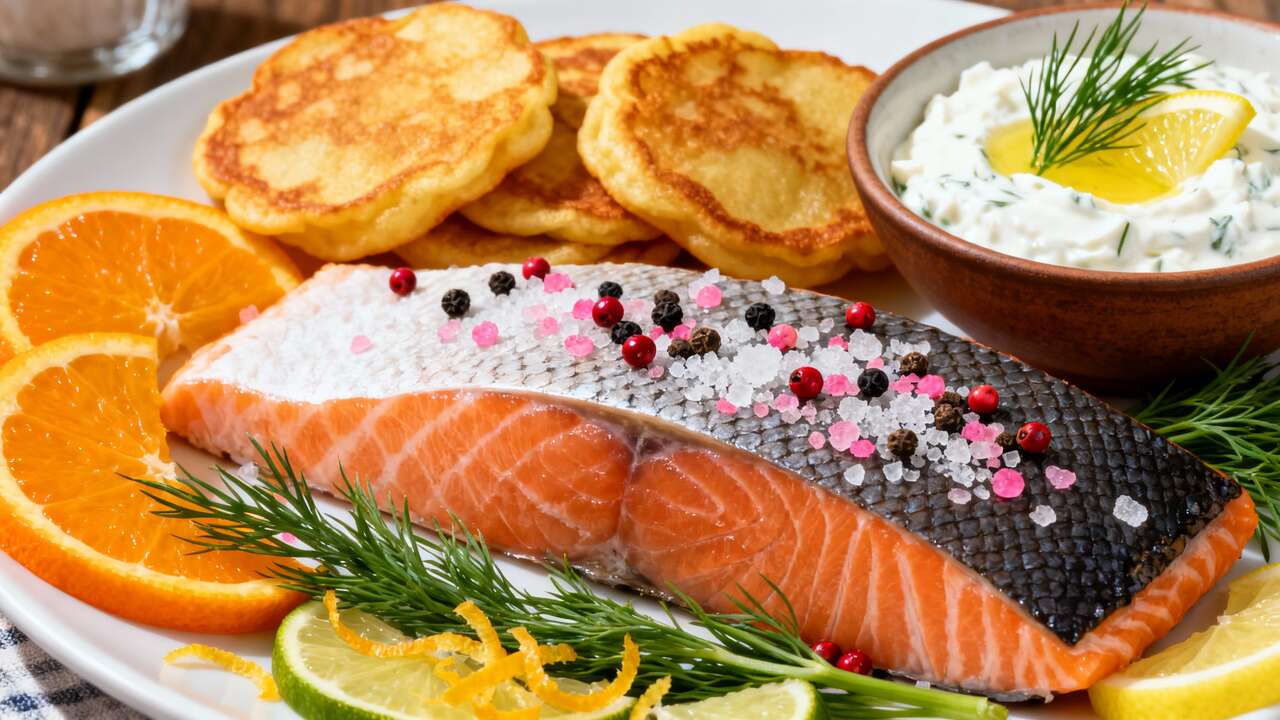 Gravlax de saumon aux agrumes : sauce fromage frais et blinis pomme de terre