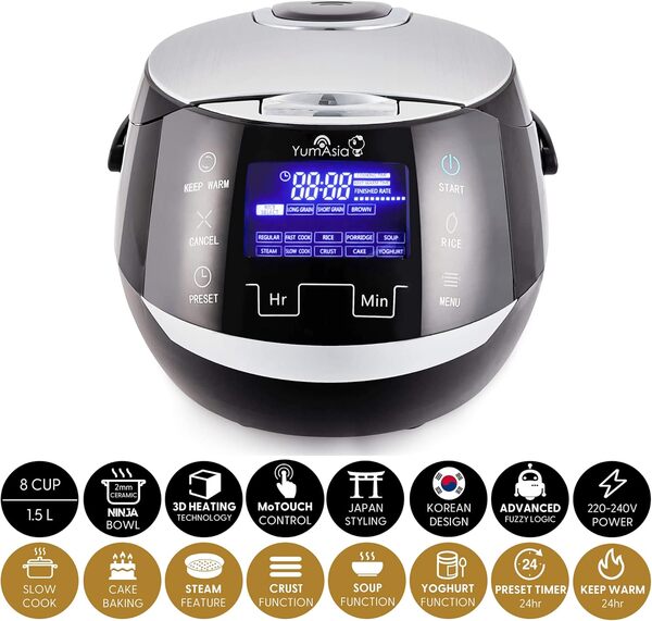 Yum Asia Sakura Cuiseur à riz avec bol en céramique et logique floue avancée, (8 tasses, 1,5 litre), 6 fonctions de cuisson du riz, 6 fonctions multicuiseur, écran LED Motouch, 220-240V