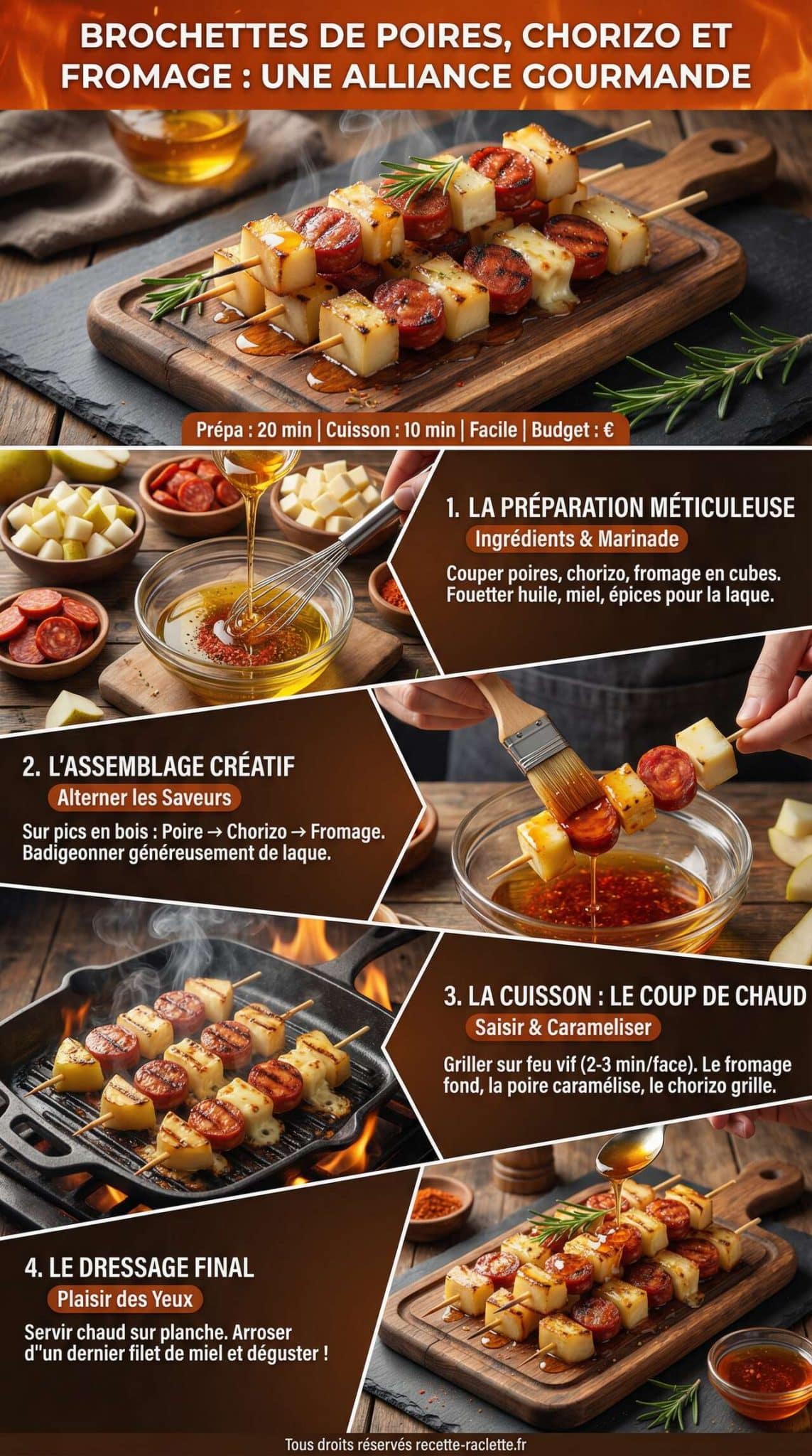 Fiche recette Brochettes de poires, chorizo et fromage : une alliance gourmande