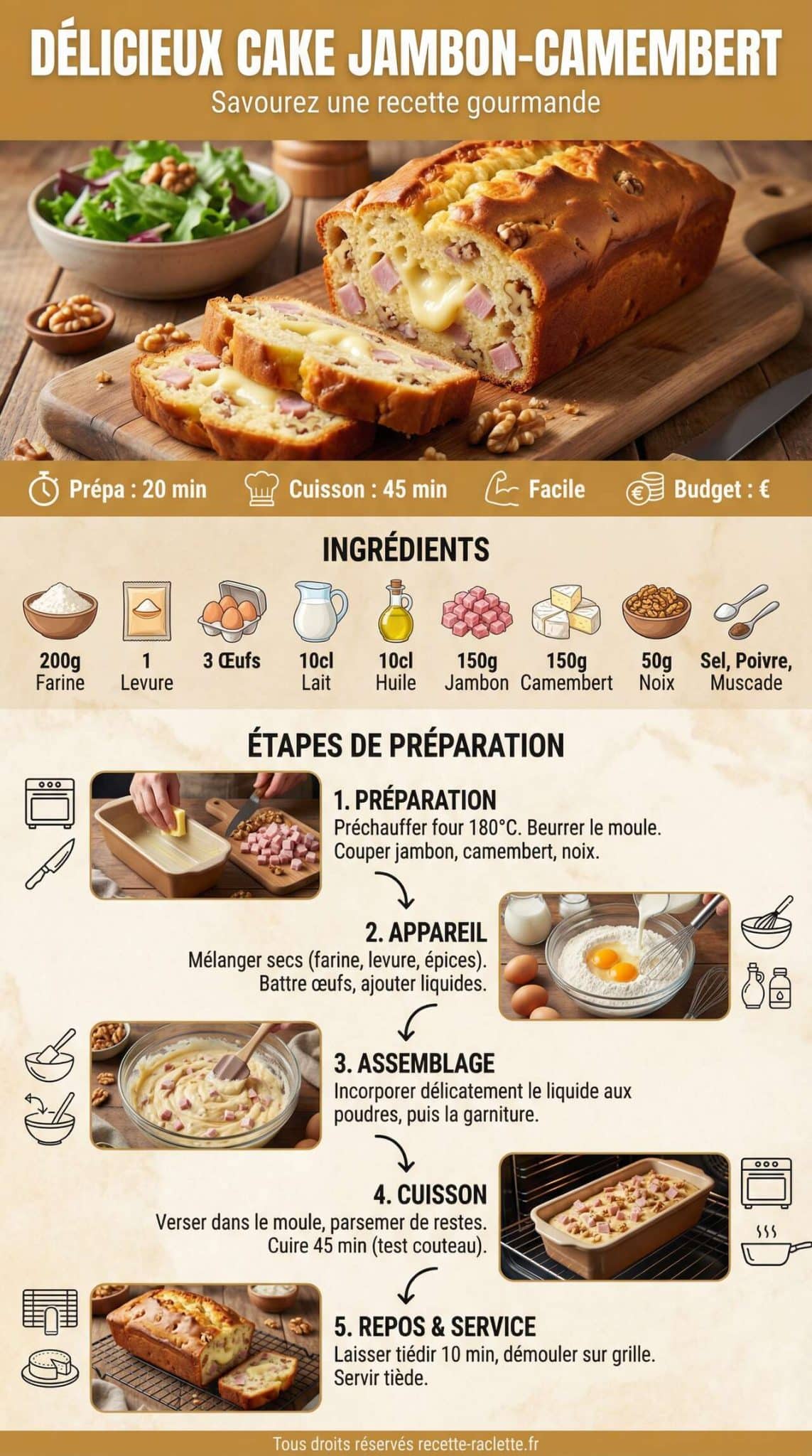 Fiche recette D&eacute;licieux cake jambon-camembert : savourez une recette gourmande