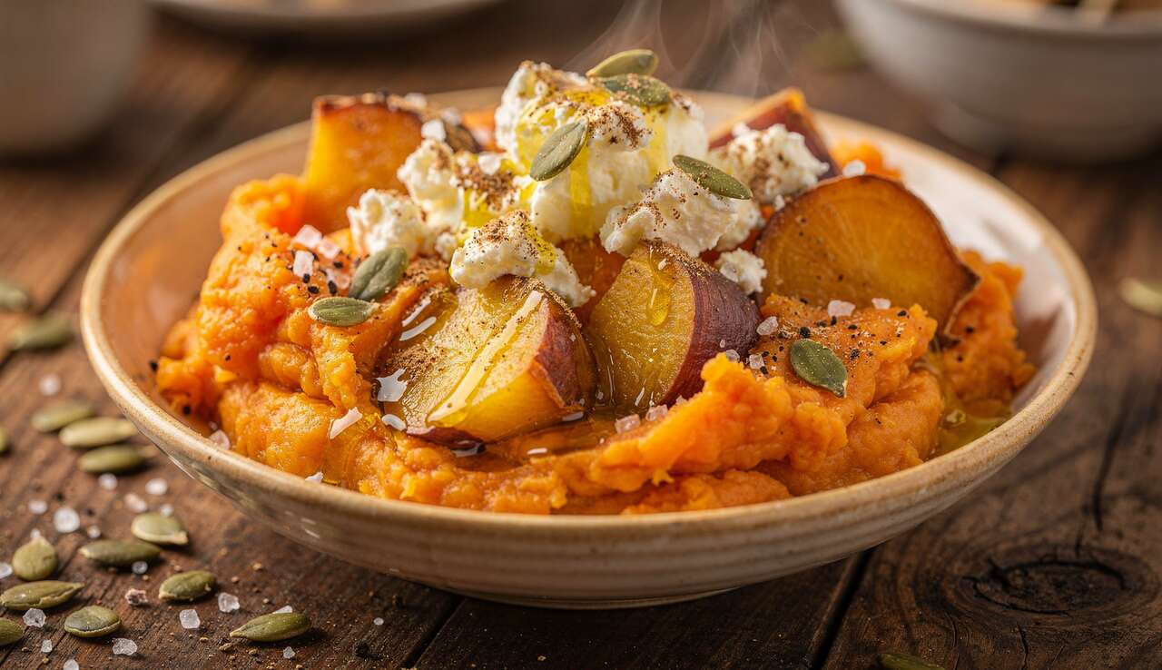Purée de patates douces aux navets et fromage frais