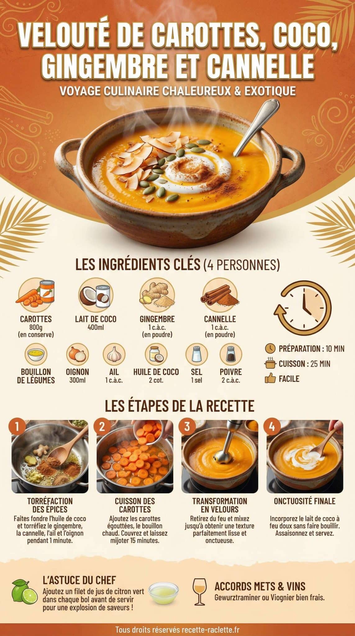 Fiche recette Velouté de carottes, coco, gingembre et cannelle Fiche recette Velouté de carottes, coco, gingembre et cannelle