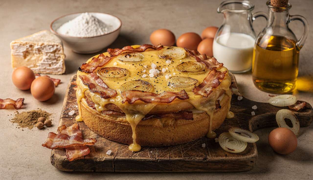 Cake gourmand au fromage à raclette, oignons grillés et bacon
