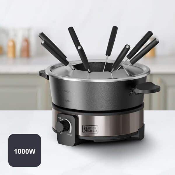 Black+Decker– Fondue Électrique BXFC1000E | 1000W | Thermostat 200°C | Cuve 2L | Pour Fromage, Chocolat, Bouillon, Huile | 8 Fourchettes | Antiadhésif sans PFOA | Lave-vaisselle