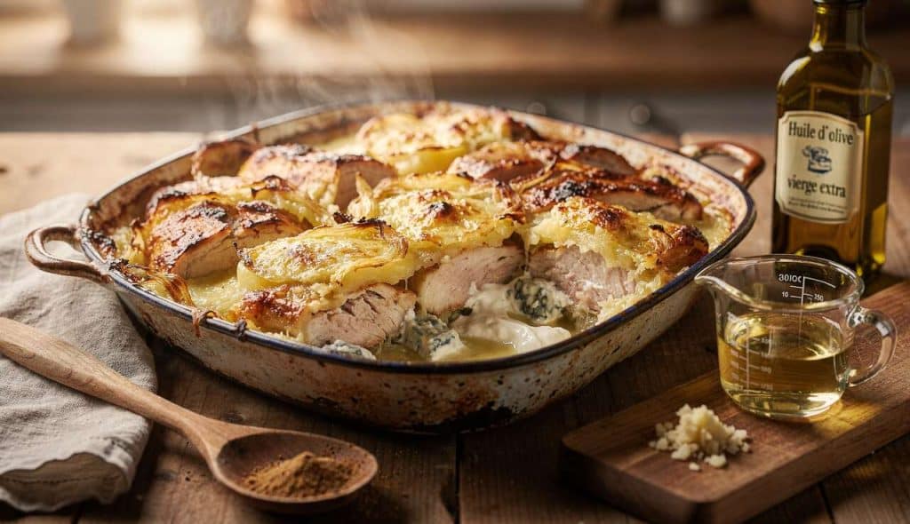 Tartiflette au poulet et au bleu : recette gourmande
