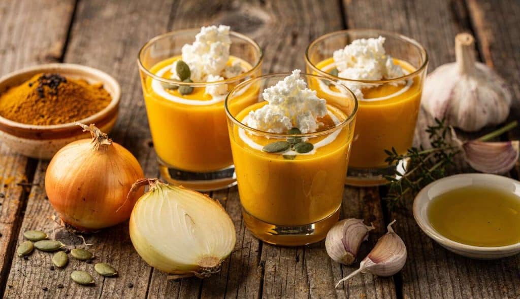 Verrines de soupe de courge au curry et fromage de brebis