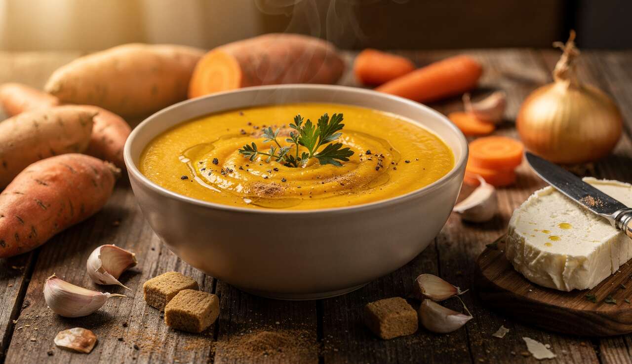 Velouté de patates douces, carottes et fromage : recette savoureuse