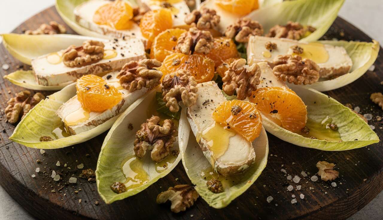 Salade d'endives à l'orange, noix et fromage de brebis