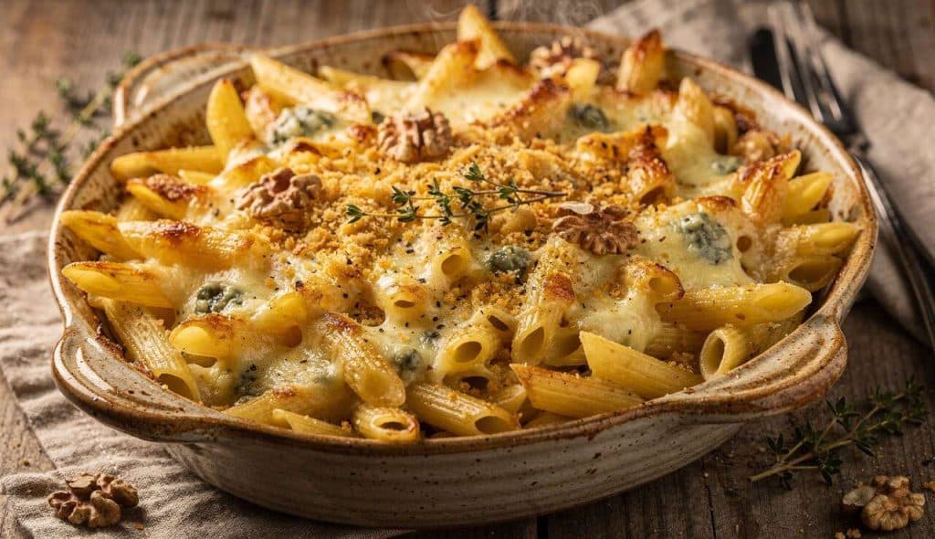 Gratin de pâtes au fromage bleu : recette savoureuse