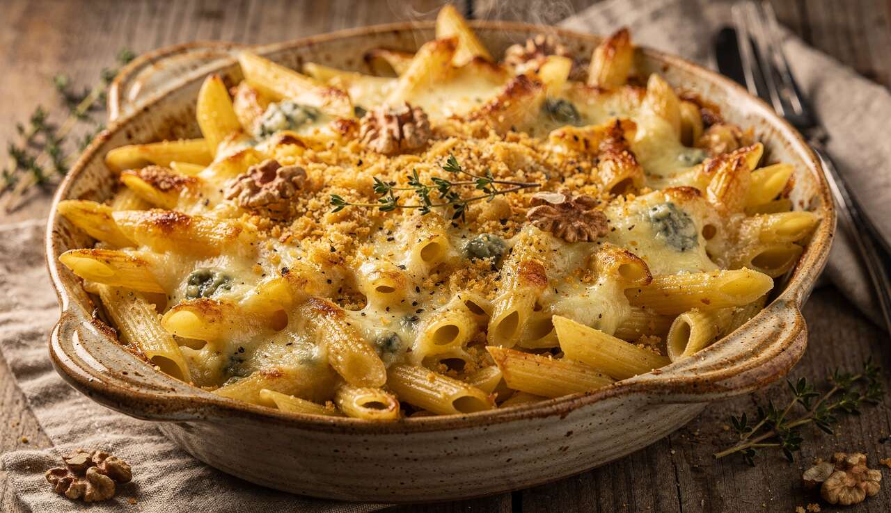 Gratin de pâtes au fromage bleu : recette savoureuse