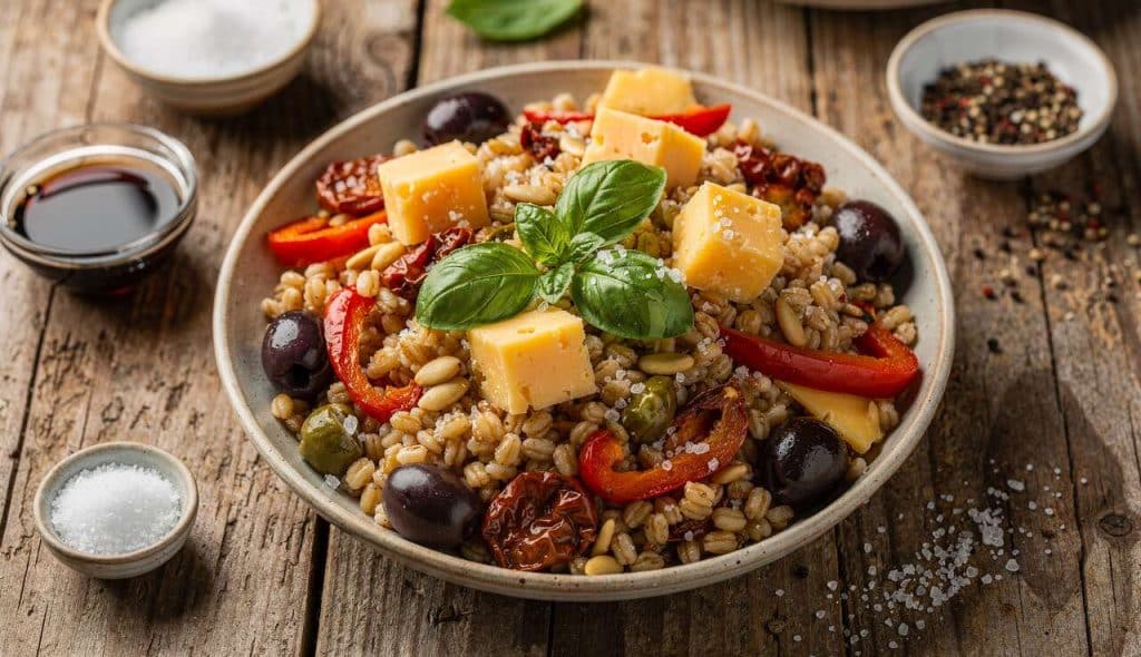 Salade d'épeautre au pesto de cheddar et légumes