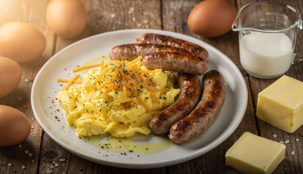 Brunch gourmand : oeufs brouillés, saucisse et fromage