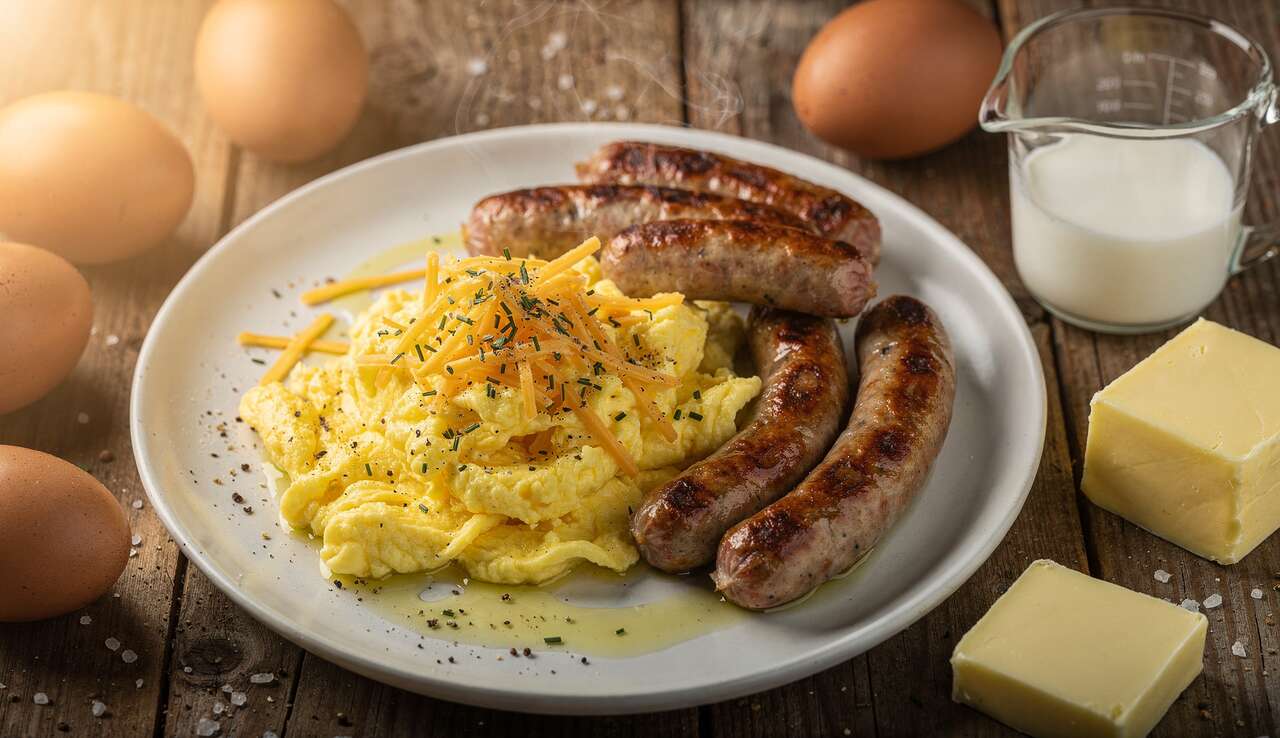 Brunch gourmand : oeufs brouillés, saucisse et fromage