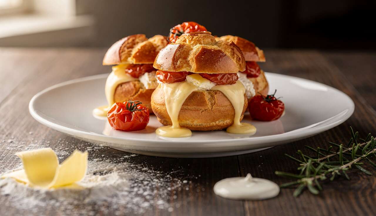 Recette : petits choux aux tomates confites et crème de fromage à raclette