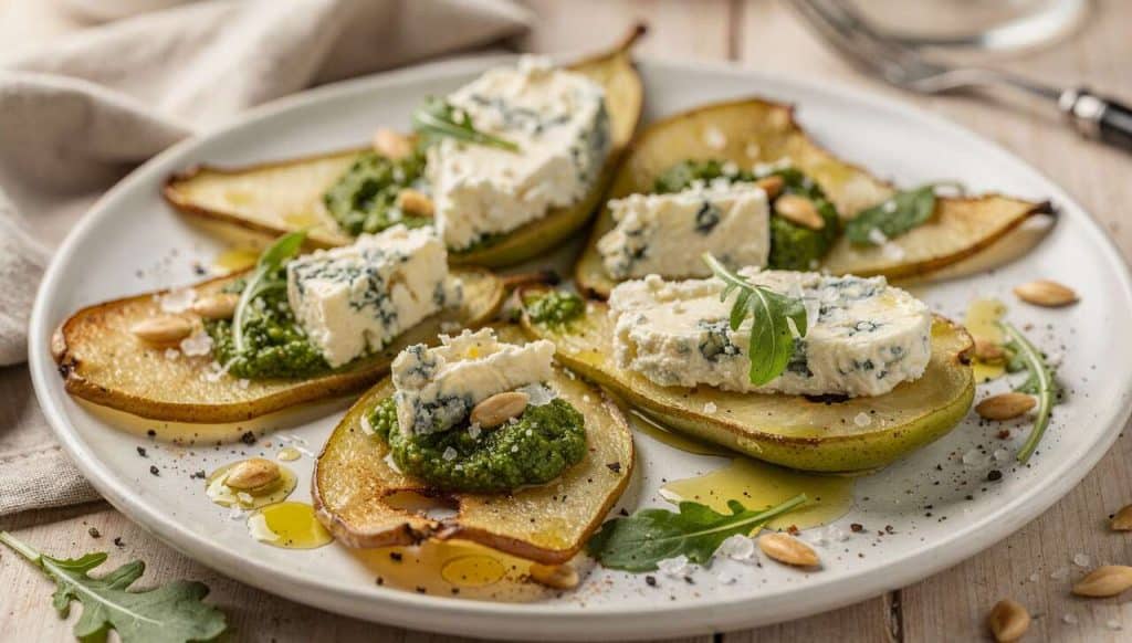 Chips de poires : recette au pesto de roquette et fromage frais au bleu
