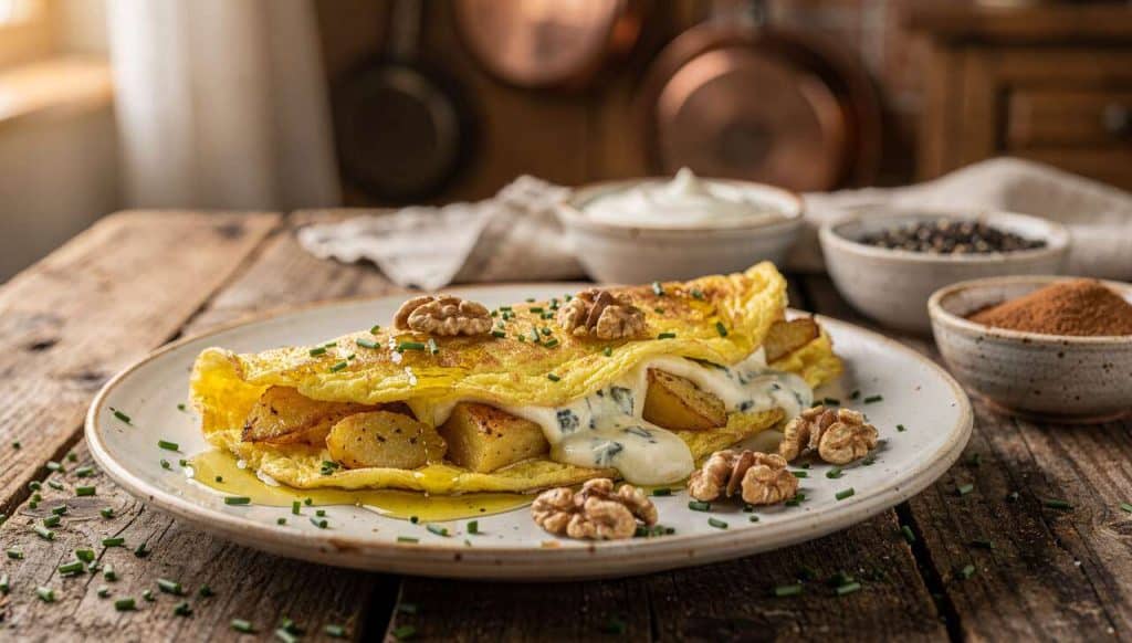 Omelette aux pommes de terre et fromage bleu : recette savoureuse