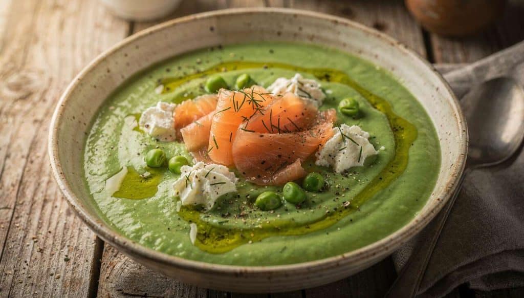 Velouté de petits pois et truite fumée au fromage frais : recette gourmande