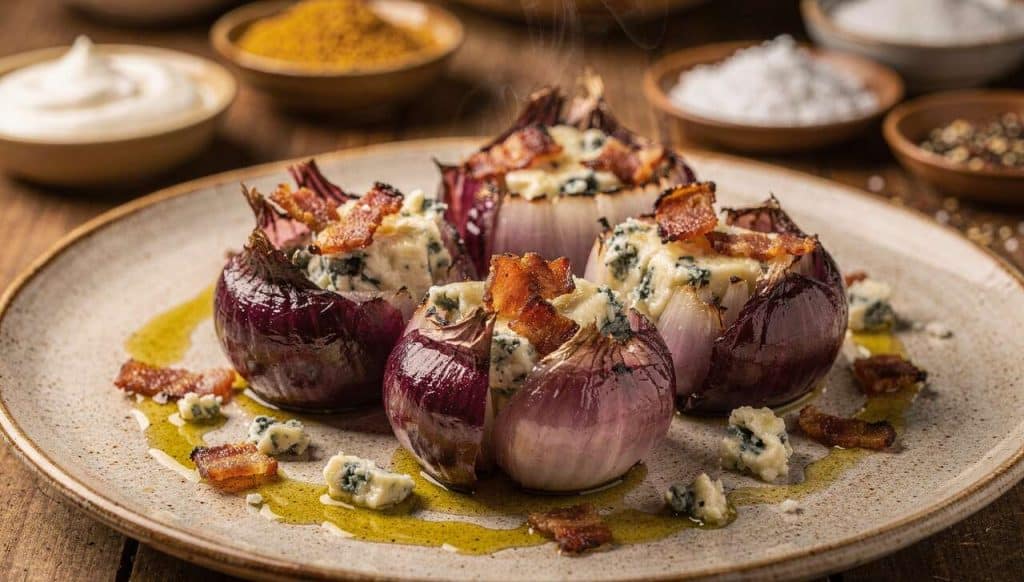 Recette d'oignons rouges farcis : lardons & bleu
