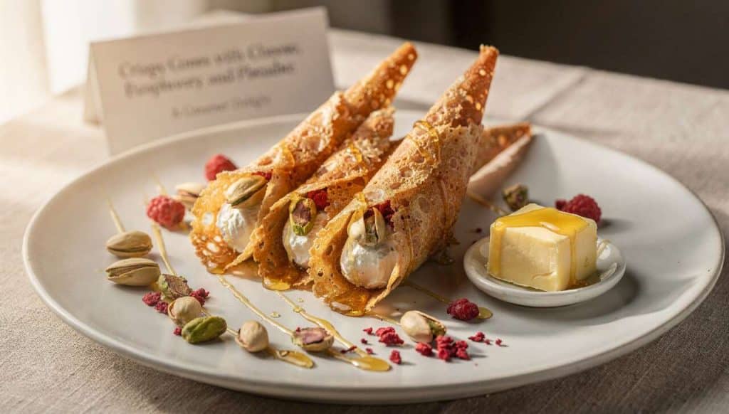 Cornets croustillants au fromage, framboise et pistache : recette gourmande