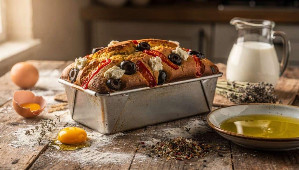 Cake aux poivrons, olives noires et fromage de brebis