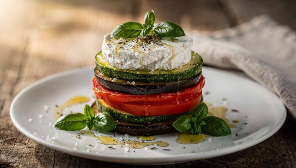 Millefeuille de légumes avec fromage de chèvre frais : recette savoureuse