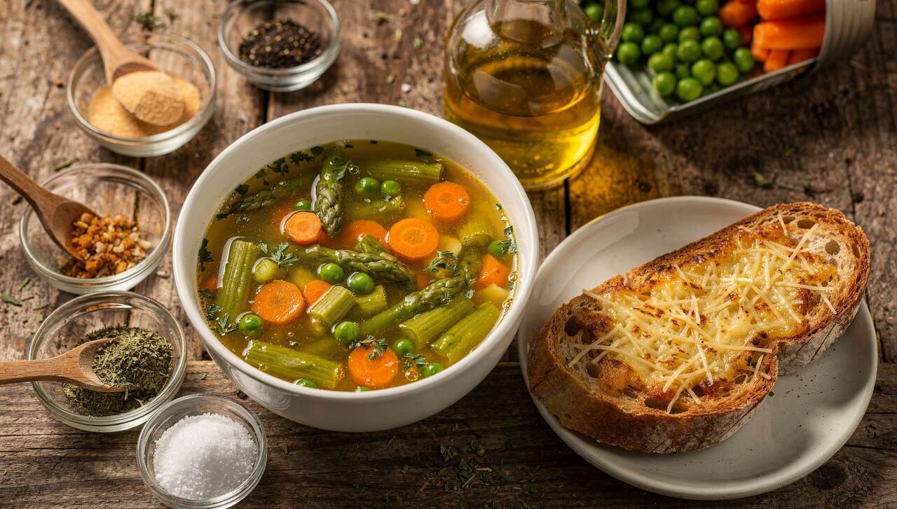 Soupe de légumes de printemps et tartine au fromage : recette savoureuse