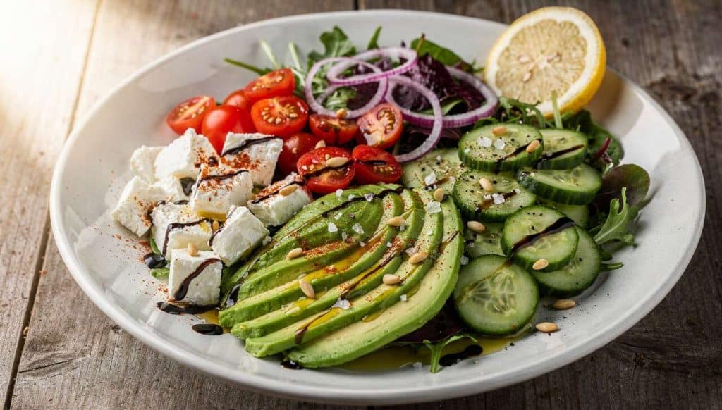 Salade composée à l'avocat et fromage de brebis : recette gourmande