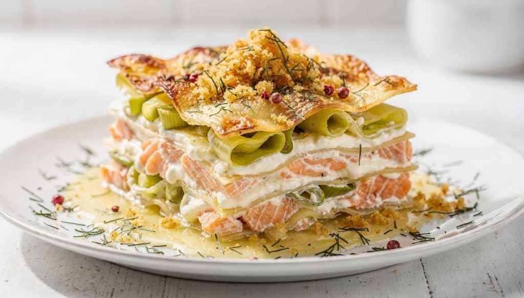 Lasagnes au saumon, poireaux et sauce au fromage frais : recette gourmande