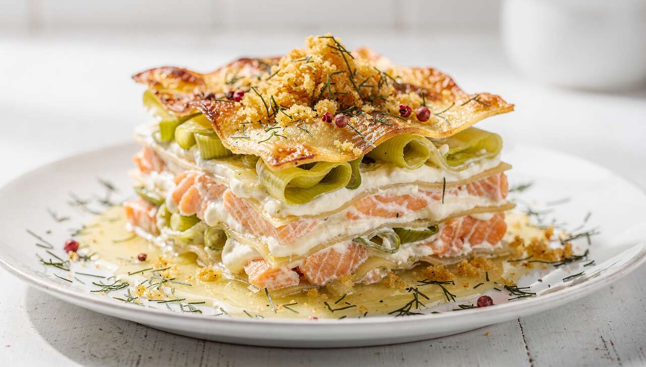 Lasagnes au saumon, poireaux et sauce au fromage frais : recette gourmande