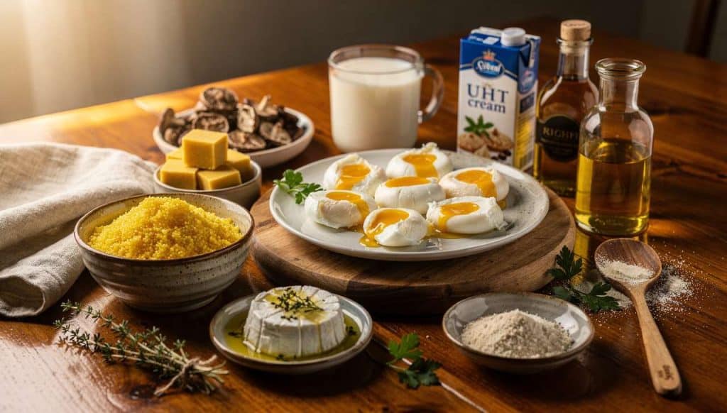 Recette de polenta crémeuse aux champignons, œufs pochés et chèvre