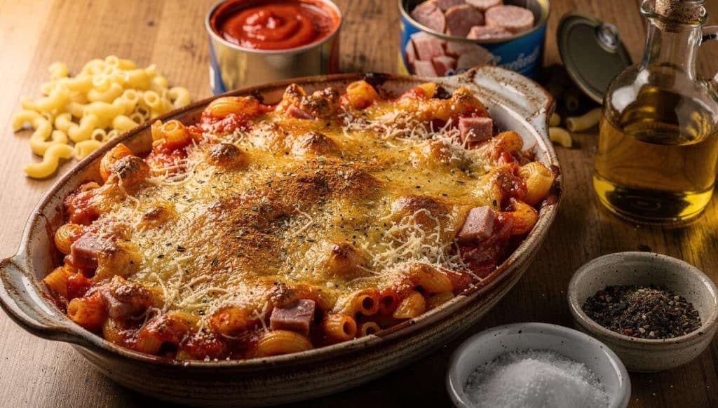 Recette : gratin de macaronis à la sauce tomate et jambon