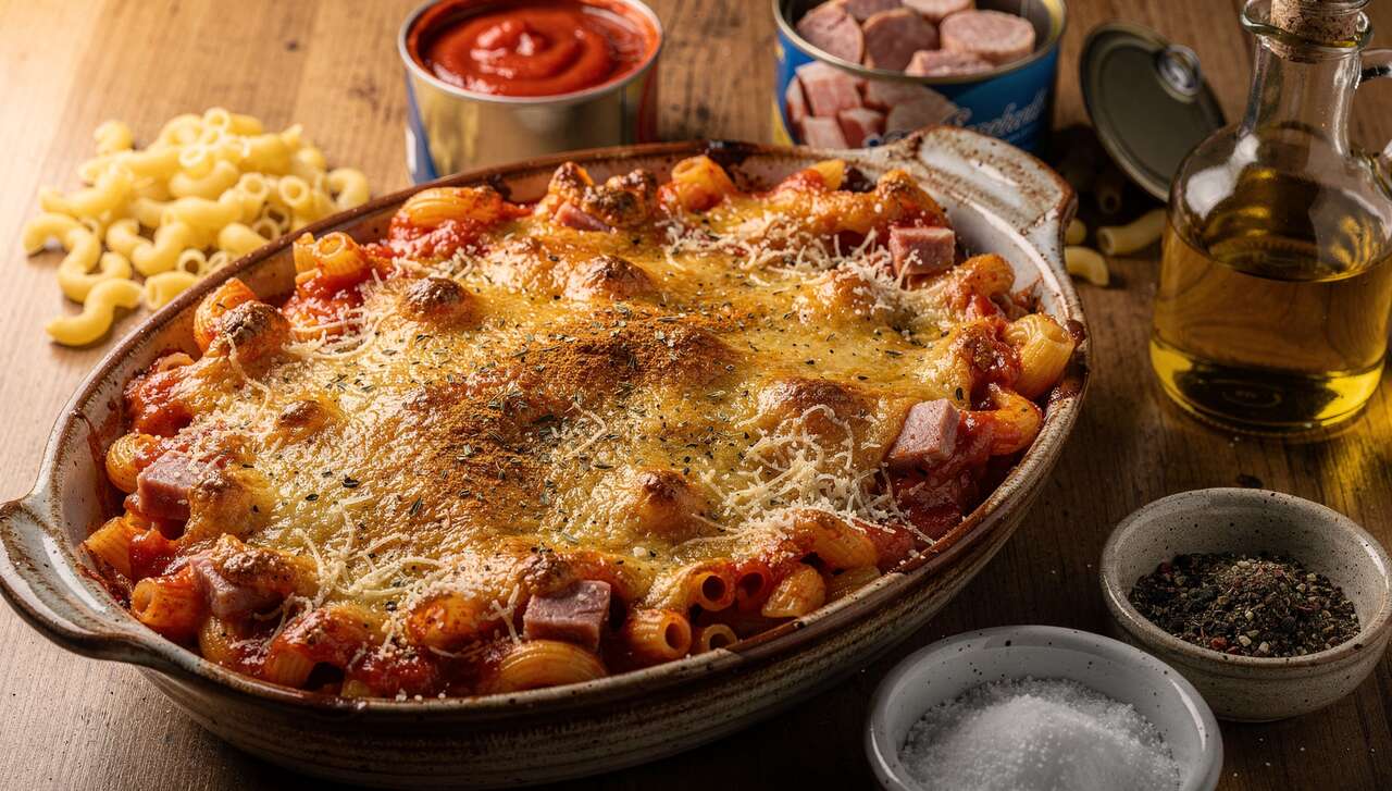 Recette : gratin de macaronis à la sauce tomate et jambon