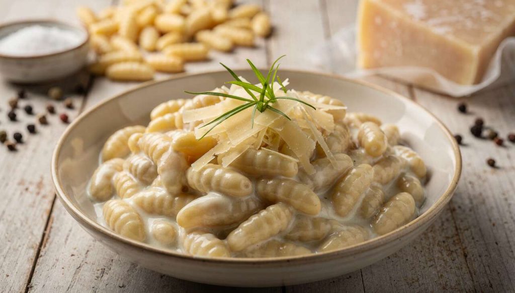 Pâtes cavatelli au lait, aillet frais et fromage : recette gourmande