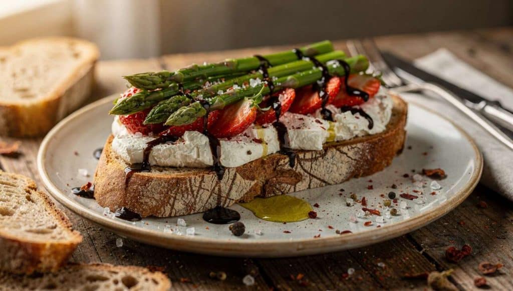 Tartine au fromage frais, asperge verte et fraise : la recette gourmande