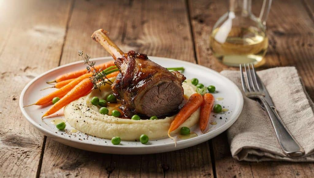 Souris d'agneau sur lit crémeux au fromage et légumes printaniers