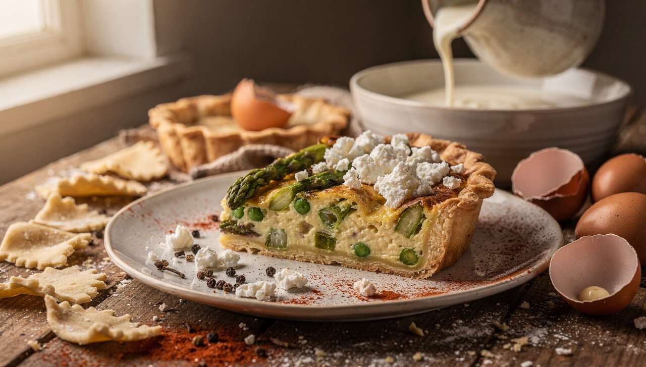 Quiche asperges, petits pois et fromage de brebis : recette savoureuse