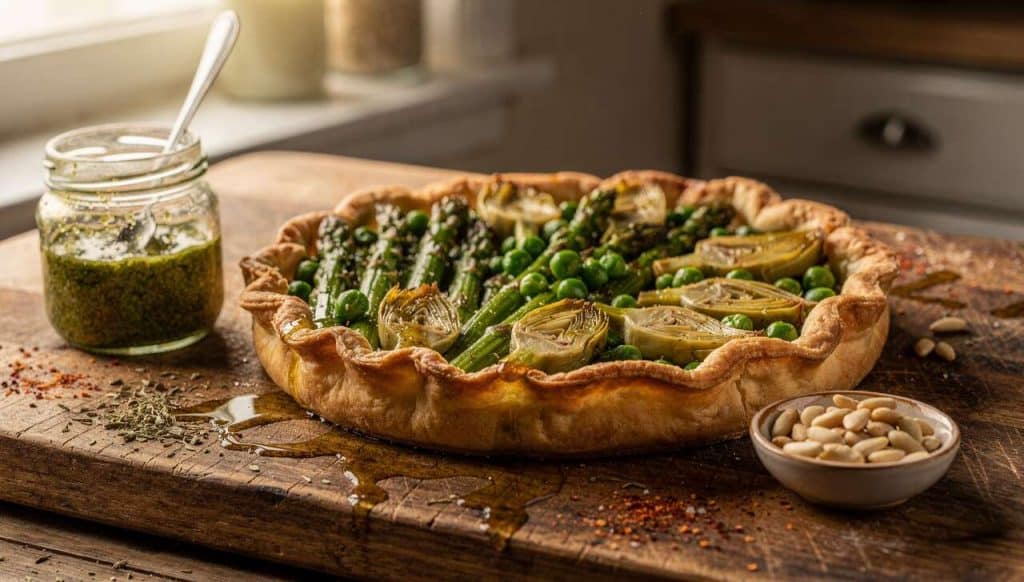 Tarte salée rustique aux légumes verts de saison : recette savoureuse