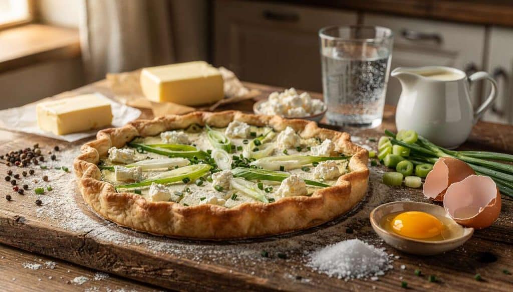 Recette de tarte au chèvre frais, oignon nouveau et ciboulette