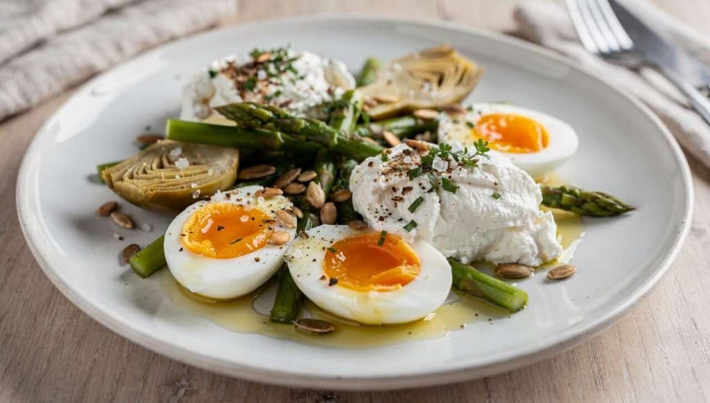 Salade de printemps : œuf mollet et fromage frais