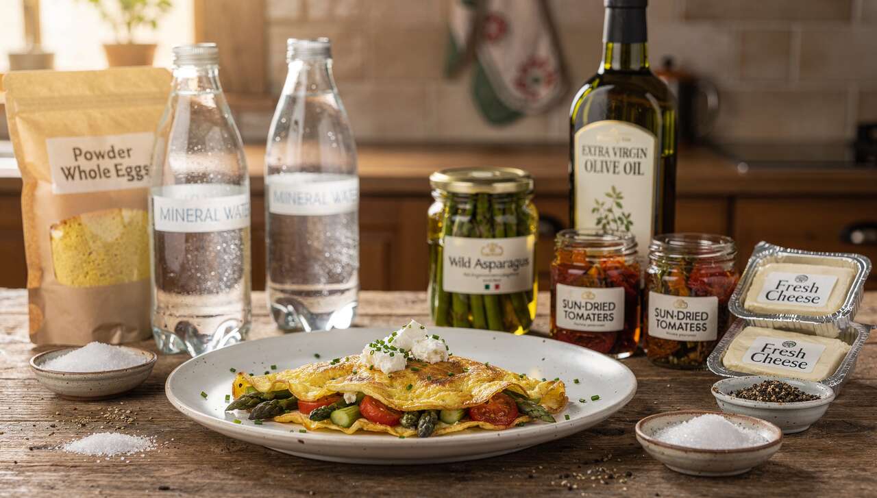 Omelette aux asperges sauvages, tomates et fromage frais : recette gourmande