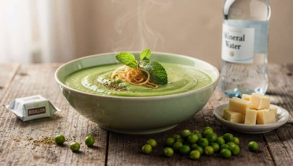 Velouté de petits pois à la menthe et fromage frais : recette savoureuse