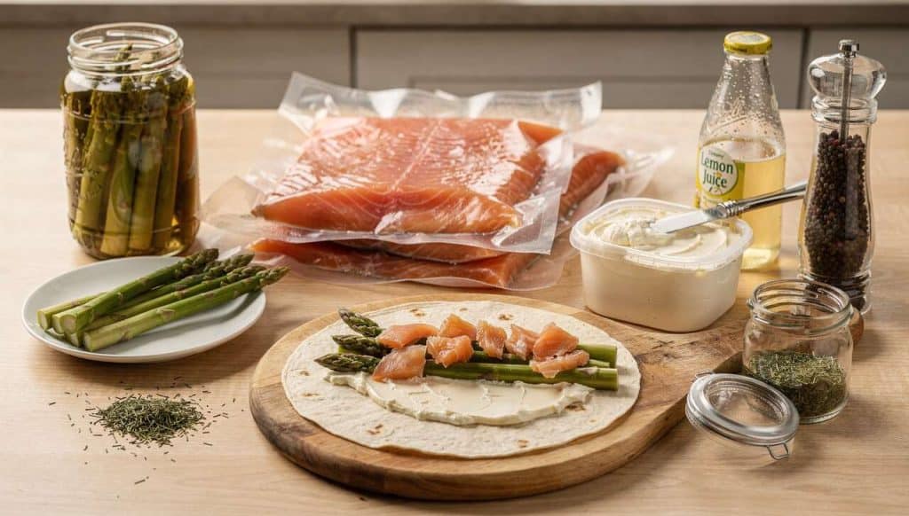 Roulés de truite fumée aux asperges et fromage frais
