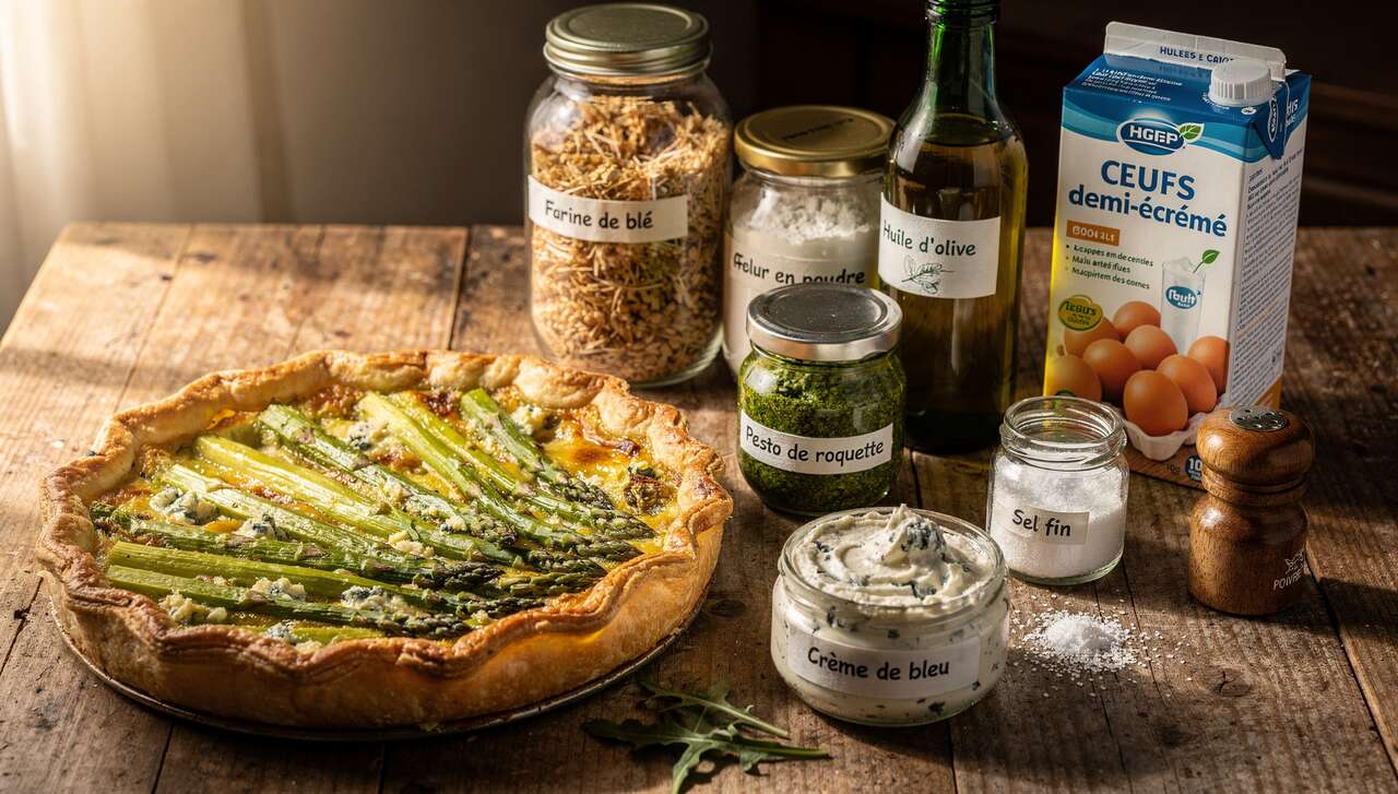 Tarte aux asperges vertes, roquette et bleu