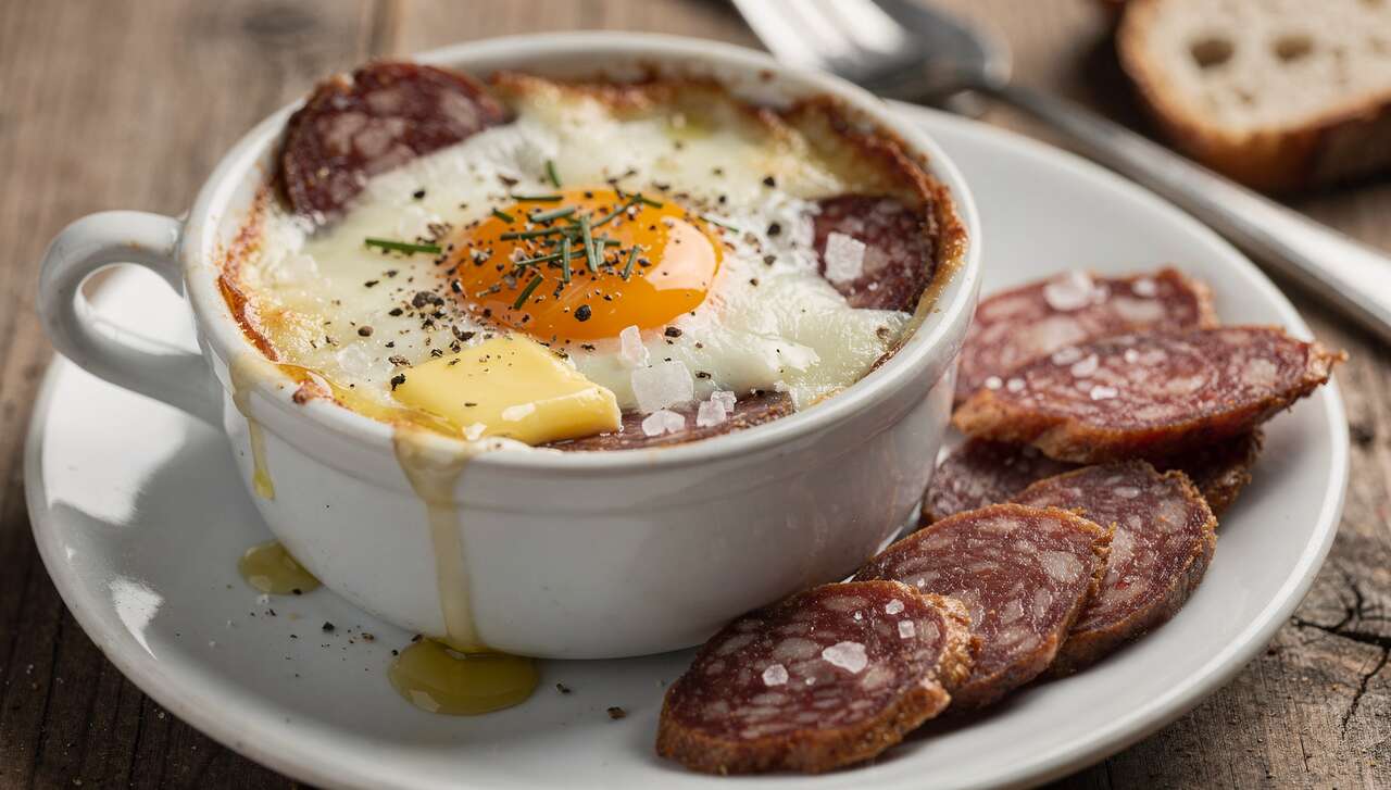 Oeuf cocotte à l'andouille de Vire et camembert : recette gourmande