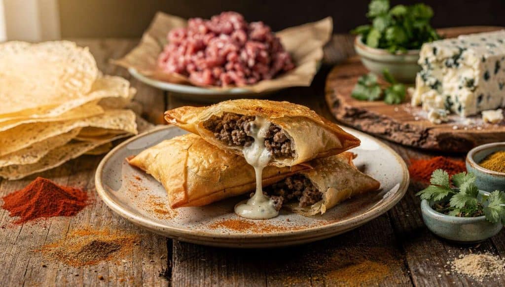 Samoussa au boeuf et fromage bleu : recette savoureuse