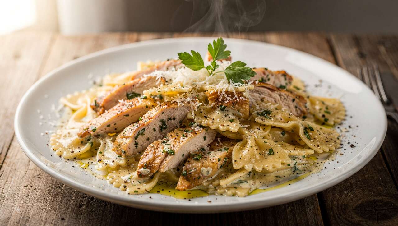 Farfalle au poulet et fromage frais ail et fines herbes