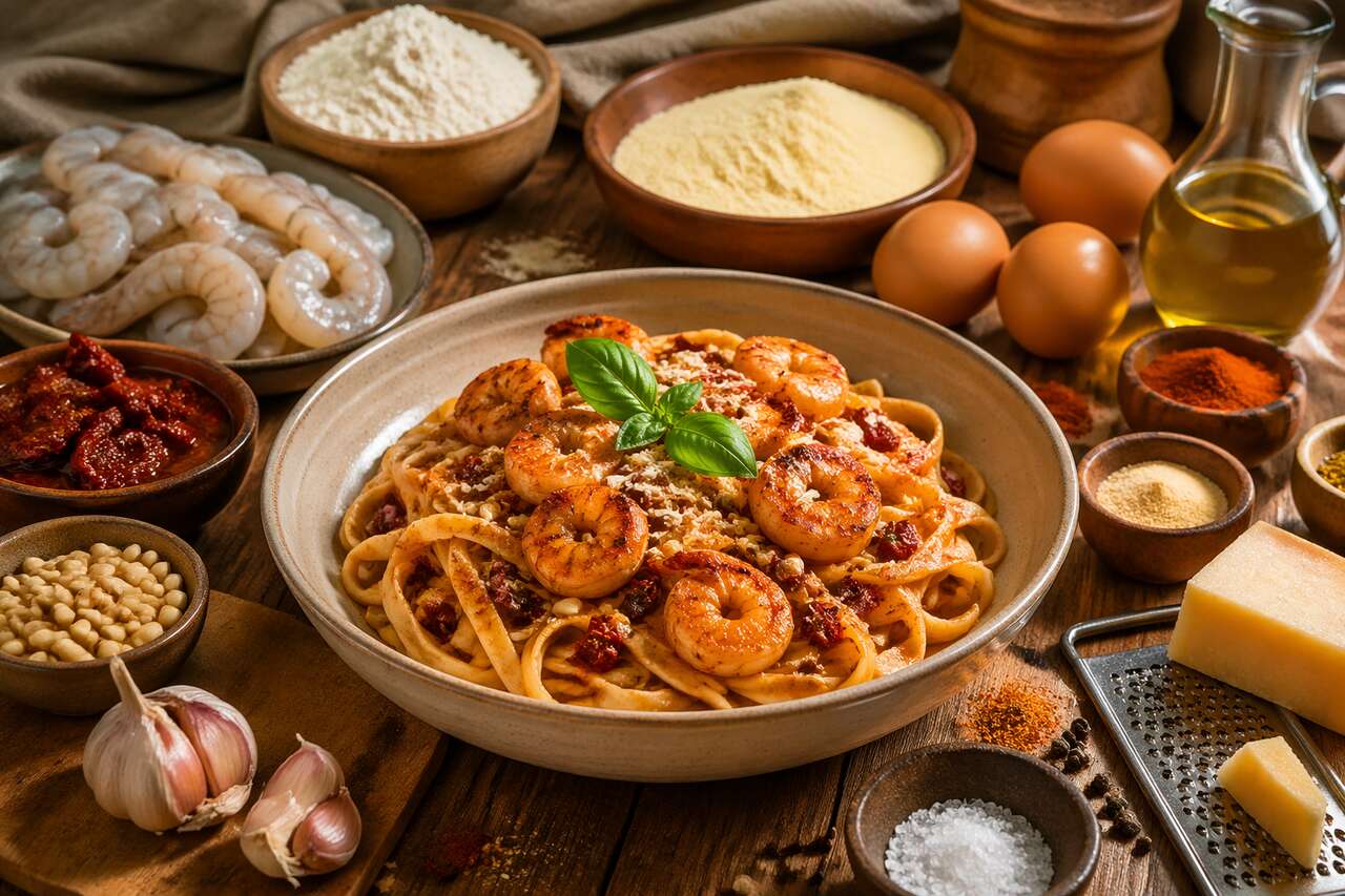 Tagliatelles maison au pesto rouge et crevettes au paprika