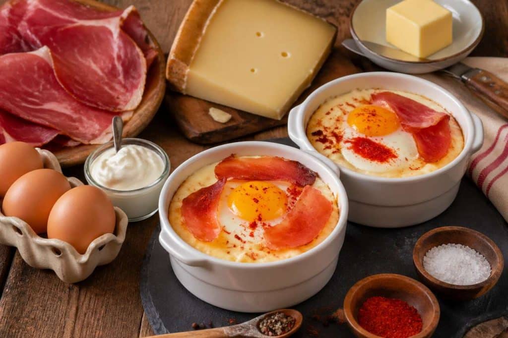 Oeufs cocotte au fromage de brebis, jambon de Bayonne et piment d'Espelette : recette savoureuse