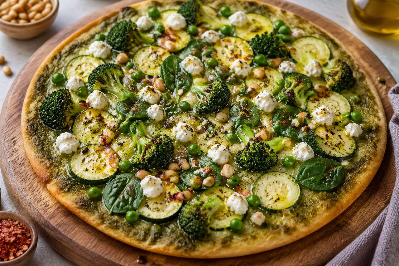 Pizza verte aux légumes, pesto et fromage de brebis : recette gourmande